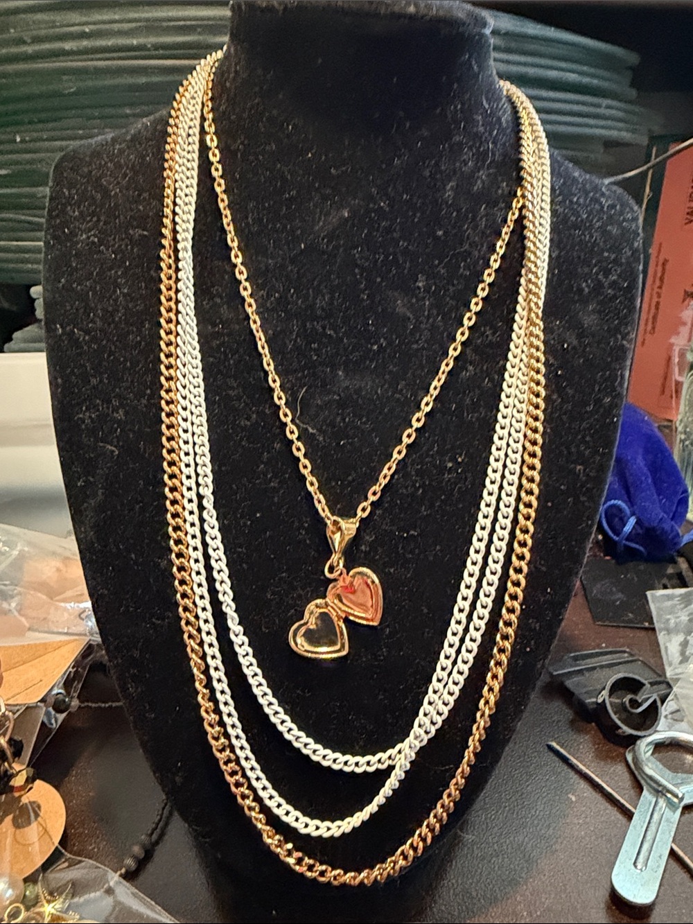 Two-Tone Gold & White Layered Heart Pendant Locket Necklace